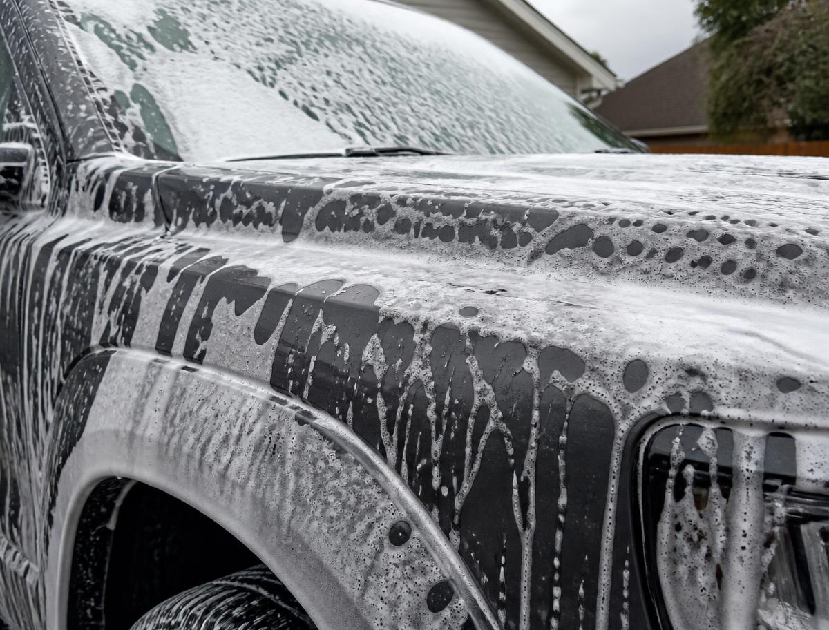 Foam wash covering a truck during a mobile exterior car detail in Edmonton South
