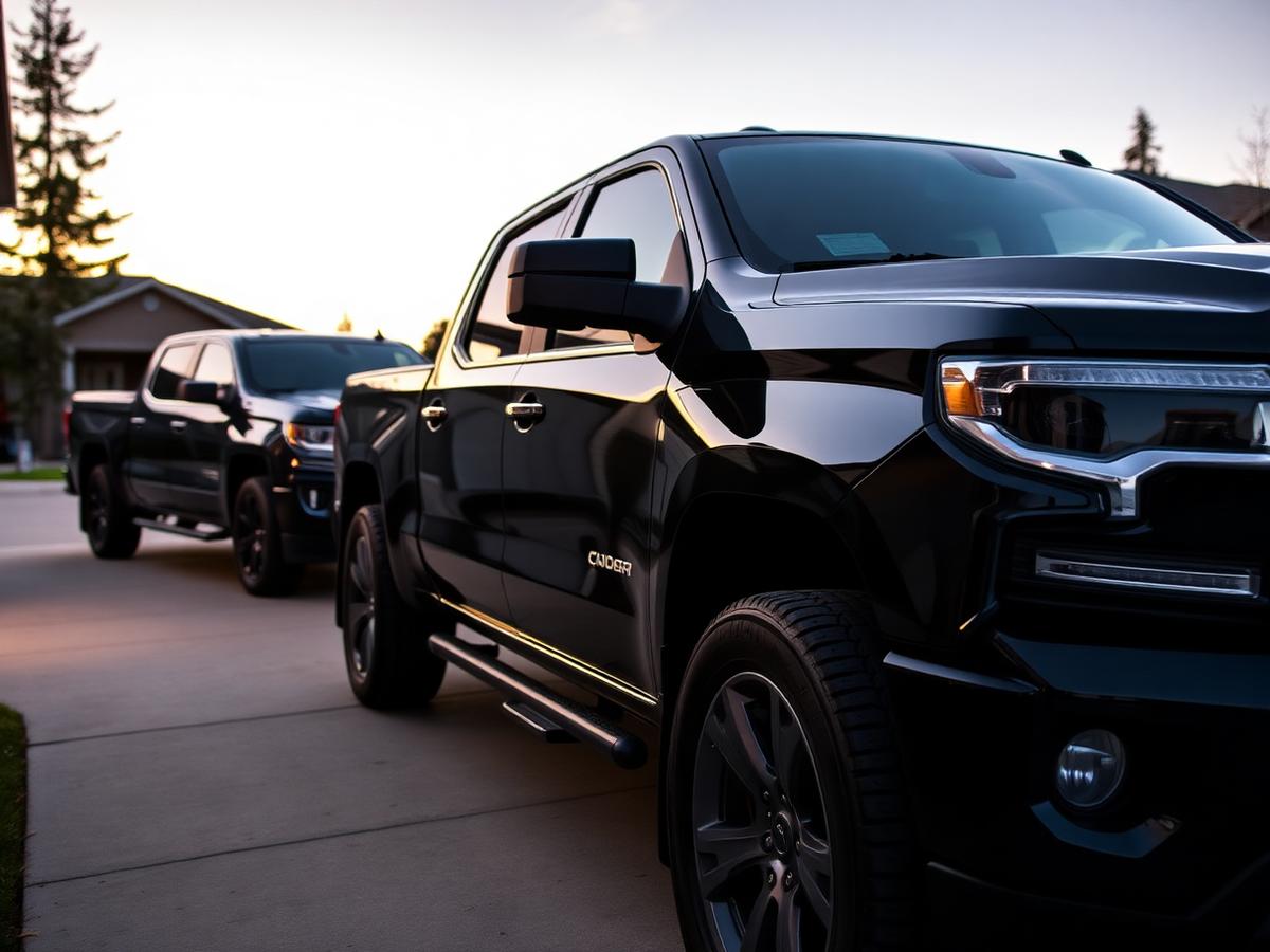 Detailed black pickup truck and SUV in an Edmonton South driveway